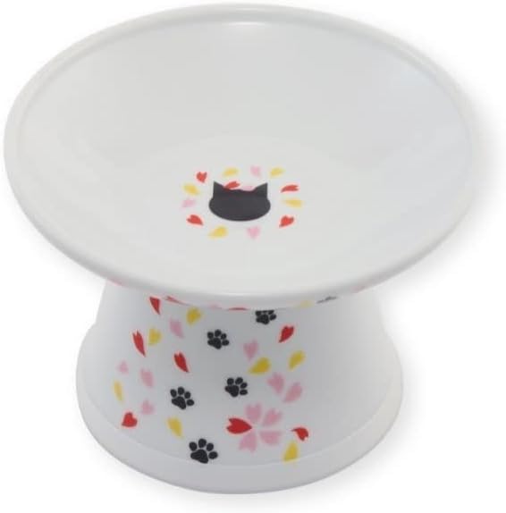 Necoichi Raised Cat Food Bowl – Ceramic Elevated Cat Bowl for Whisker & Neck Fatigue, Dishwasher Microwave Safe – Non-Slip & Anti Vomiting Ergonomic Design (Sakura Floral, Extra Wide, 2-Cups Capacity)
