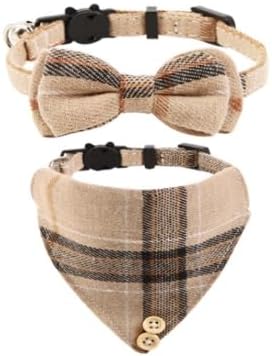 Mini Cat Bandana, Cat Tie Collar, Cats Bandana Collar with Bells and Bowtie, Kitten Bow Tie with Safety Buckle Adjustable Size for Small Cats Boys or Girls, Brown (2 pcs)