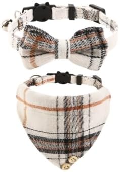 Mini Cat Bandana, Cat Tie Collar, Cats Bandana Collar with Bells and Bowtie, Kitten Bow Tie with Safety Buckle Adjustable Size for Small Cats Boys or Girls, Beige (2 pcs)