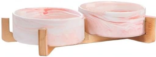 Marble Pink Ceramic Cat Dog Bowl Dish with Wood Stand No Spill Pet Food Water Feeder Cats Small Dogs Set of 2