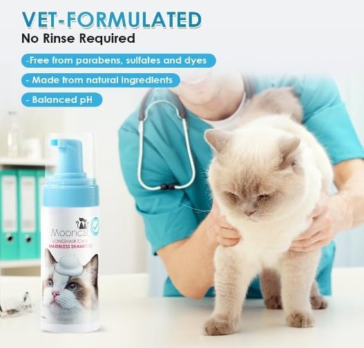 Mooncat Grooming Kit for Long Hair Cats – Waterless Detangling Foam Shampoo (5oz) + Cat Ear Cleaner Finger Wipes (40ct) | No Rinse, Licking Safe, Paraben-Free, pH Balanced | Tangle Control & Ear Wax R