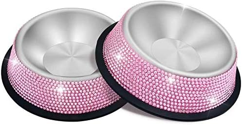 Triumilynn Rhinestone Cat Bowls Rhinestone Dog Bowls, Pink Cat Food Bowl Pink Bling Dog Bowl Stainless Steel for Small Pets Food Water Dishes-2 Pack