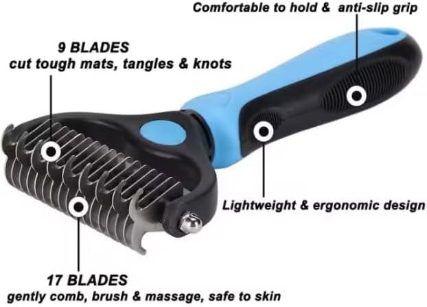 2-in-1 Dog & Cat Deshedding Tool – Double-Sided Undercoat Rake and Dematting Comb for Shedding & Tangle Removal