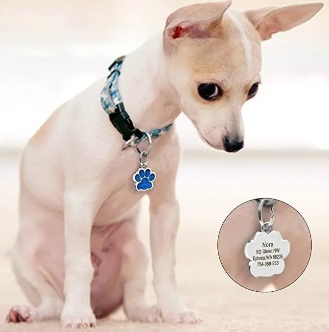 Cute Personalized Pet Name Tags - Glitter Custom Dog/Cat ID Tags, Engraved Paw-Shaped Small: Light Blue