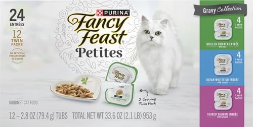Fancy Feast Purina Gourmet Wet Cat Food Variety Pack, Petites Gravy Collection, Break-Apart tubs, 24 Servings - 2.8 oz. Tubs, (Pack of 24)