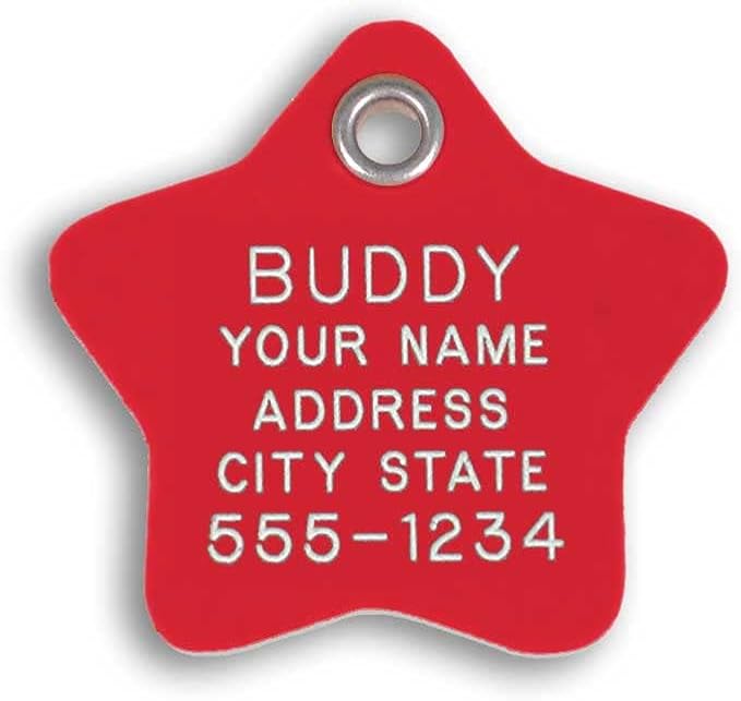 LuckyPet Plastic Pet ID Tags - Dog Personalized IDs - Durable Engraved Name Noiseless Tag - Suitable for Dogs and Cats - Outlasts Most Aluminum Tags - Small, Red Star