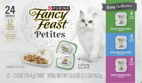 Fancy Feast Purina Gourmet Wet Cat Food Variety Pack, Petites Gravy Collection, Break-Apart tubs, 24 Servings - 2.8 oz. Tubs, (Pack of 24)