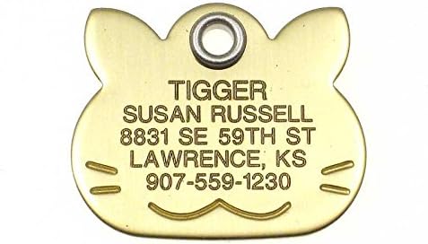 LuckyPet Pet ID Tag - Polished Brass Cat Face - Durable Cat Tag - Easy to Read - Reflective on Back - Size: Medium