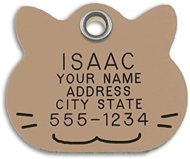 LuckyPet Pet ID Tag - Tan Plastic Cat Face - Durable Cat Tag - Easy to Read - Reflective on Back - Size: Large