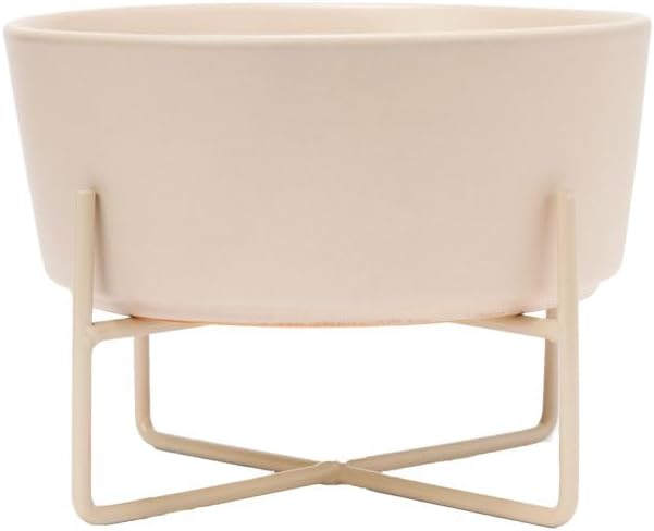 Waggo Simple Solid Dog Bowl and Dog Bowl Stand - Single Iron Stand with Single Ceramic Feeder or Water Bowl (Large, Matte Buttercream)