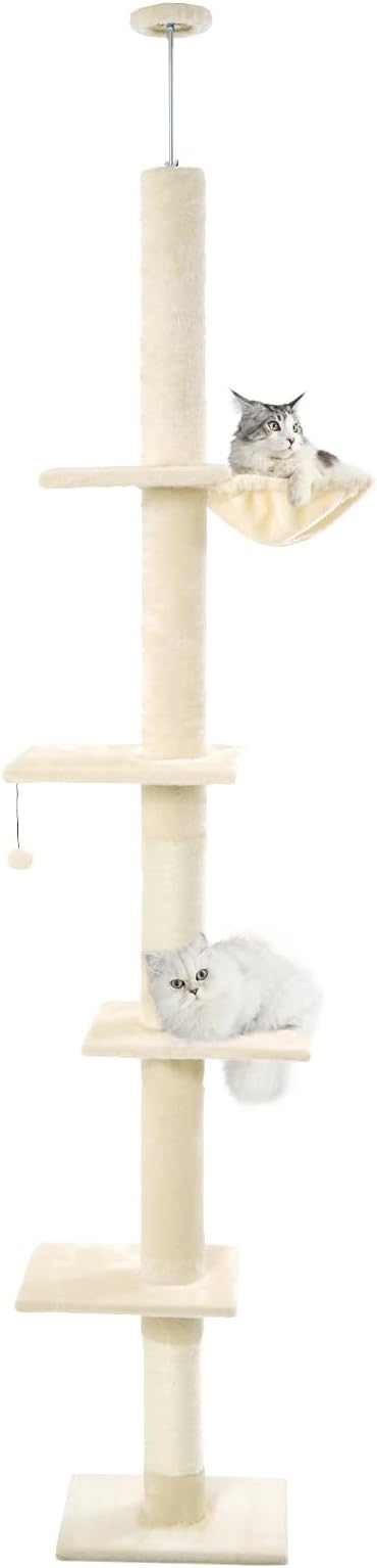 Floor to Ceiling Cat Tree,5 Tiers Tall Cat Tower with Adjustable Height(98-110),Cat Tree Floor to Ceiling with Cozy Hammock,Sisal Scratching Posts,Platforms,and Hanging Balls for Large Cats
