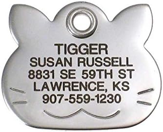 LuckyPet Pet ID Tag - Stainless Steel Cat Face - Durable Cat Tag - Easy to Read - Reflective on Back - Size: Medium