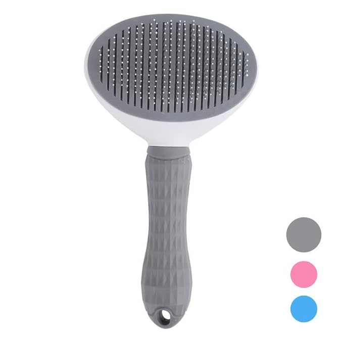 Pet Grooming Brush with Ergonomic Handle, Self-Cleaning Slicker Brush, White and Gray