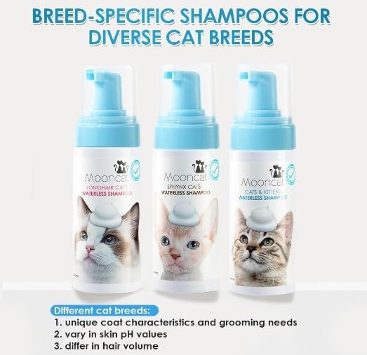 Mooncat Grooming Kit for Long Hair Cats – Waterless Detangling Foam Shampoo (5oz) + Cat Ear Cleaner Finger Wipes (40ct) | No Rinse, Licking Safe, Paraben-Free, pH Balanced | Tangle Control & Ear Wax R