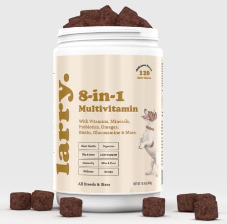 Larry 8-in-1 Multivitamin Dog | Heart, Digestion, Liver, Skin, Coat, & Joint Support for Dogs | Dog Vitamins with Vitamins, Minerals, Omegas, & Glucosamine Chondroitin | 60 Soft Chews