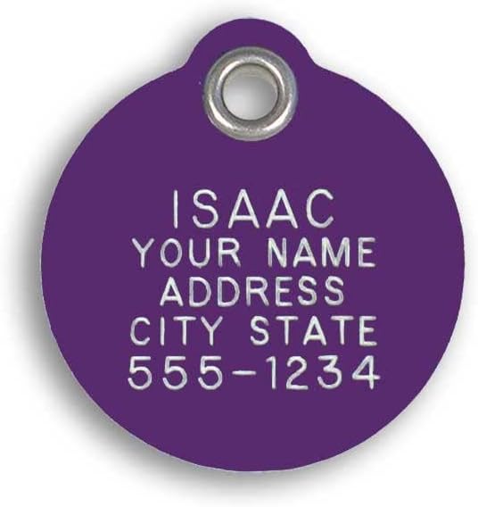 LuckyPet Plastic Pet ID Tags - Dog Personalized IDs - Durable Engraved Name Noiseless Tag - Suitable for Dogs and Cats - Outlasts Most Aluminum Tags - Medium, Purple Round