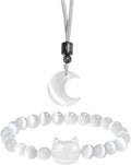 Black Obsidian Cat Bracelet and Moon Pendant Necklace Jewelry Set-Cat Lover Gifts,Wealth Attraction,Good Luck,Bead Bracelet,Mindfulness,Beaded Bracelets, Obsidian Pendant Necklace-Cute Gifts for Women