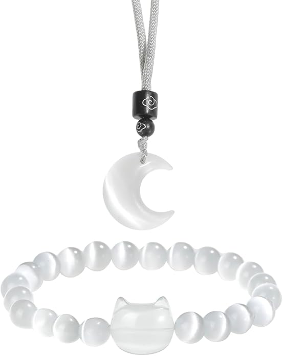 Black Obsidian Cat Bracelet and Moon Pendant Necklace Jewelry Set-Cat Lover Gifts,Wealth Attraction,Good Luck,Bead Bracelet,Mindfulness,Beaded Bracelets, Obsidian Pendant Necklace-Cute Gifts for Women