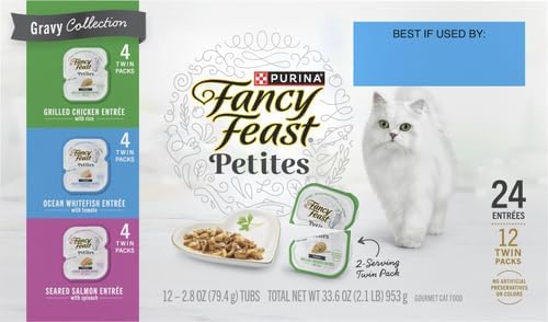 Fancy Feast Purina Gourmet Wet Cat Food Variety Pack, Petites Gravy Collection, Break-Apart tubs, 24 Servings - 2.8 oz. Tubs, (Pack of 24)