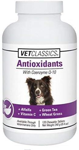 Vet Classics Coenzyme Q-10 Antioxidant Dog Supplement – Pet Health Supplement for Dogs – Supports Overall Dog Wellness, Aging – Includes Green Tea, Vitamin C, Wheat Grass – Chewable Tablets 120 Ct.