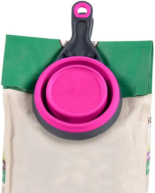 Dexas Pets Collapsible KlipScoop Collapsible Dry Dog Food Scoop and Dog Food Bag Clip, 2 Cup Capacity, Fuchsia