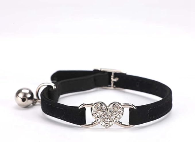 Black Cat Collar With Bell, Bling Kitten Collar Rhinestone Heart Soft Velvet Female Puppy Collars With Bells For XXS XS Tiny Litte Dogs Pet Girls