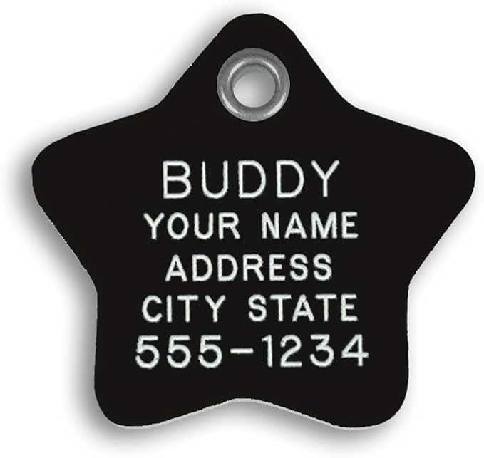 LuckyPet Plastic Pet ID Tags - Dog Personalized IDs - Durable Engraved Name Noiseless Tag - Suitable for Dogs and Cats - Outlasts Most Aluminum Tags - Medium, Black Star