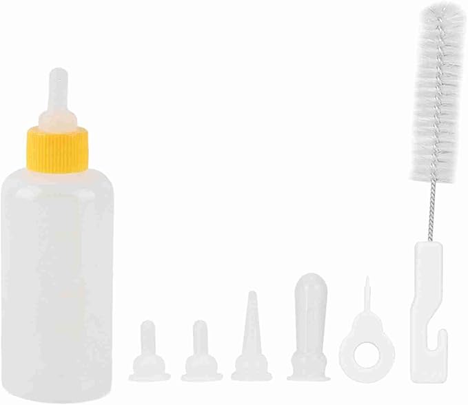 CHICIRIS Environment Protection Gel Pet Nursing Kit, Clear Scale Milk Capacity, Puppy Kitten Feeding Bottle, 6PCSSet 60ml, Four Spare Nipples, Ideal for Small and Large Babies (Yellow)