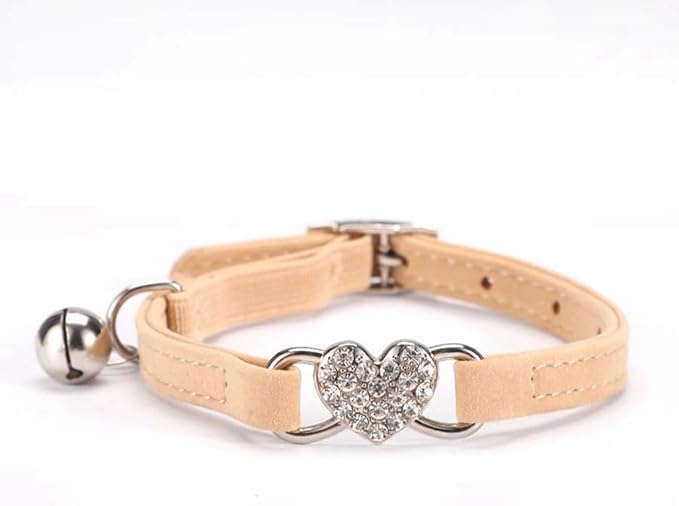 Puppy Collar with Bell, Bling Diamond Heart Soft Velvet Cat Collars with Bells for Xs Tiny Dogs Girls Pet Kitten Khaki