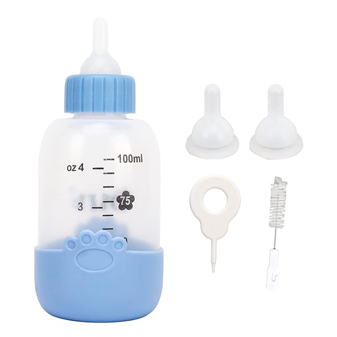 CHICIRIS Pet Nursing Bottle, Portable Paw Pattern Silicone Pet Milk Bottle with 3 Pcs Nipples, Cat Feeding Bottle for Newborn Kittens Hamster Puppies Rabbits (Blue)