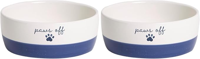 Pearhead Ceramic Paws Off Cat Bowl, Holds 1.3 Cups, Navy Blue and White Stoneware Dish, Non-Skid Feeding Bowl, Microwave and Dishwasher Safe, Small (Pack of 2)
