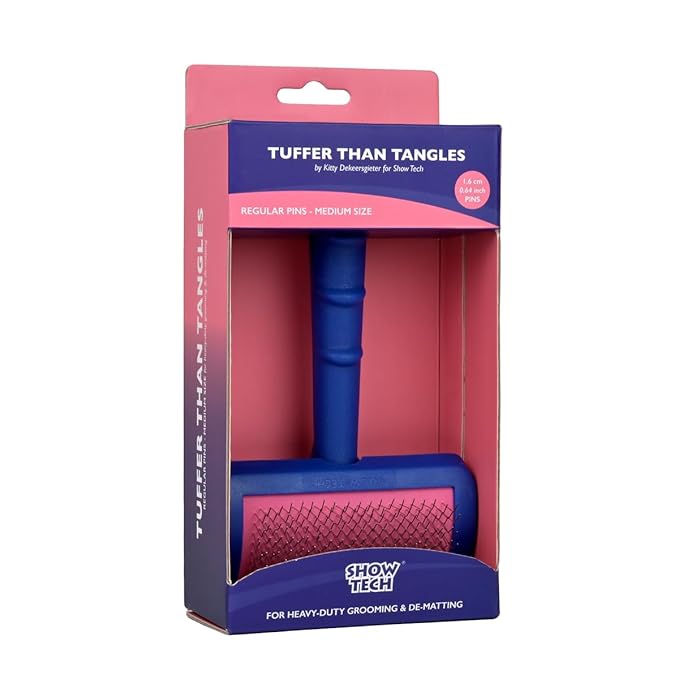 Show Tech Tuffer Than Tangles Slicker Brush for Dog Grooming with Long, Regular Pins, Medium Size, Perfect for Doodle Breeds, Angled Pins for Dematting, Remove Undercoat, Comfort Grip Handle