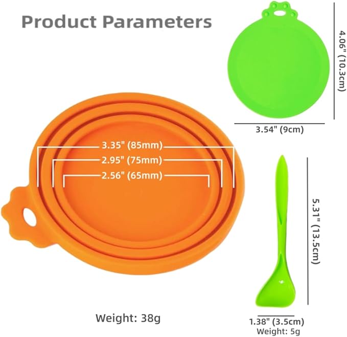 MoPawKT- Silicone Cat Dog Food Can Covers Lids, 3 Inner Diameters 2.6”/3”/3.4” Fit 3-15 oz Standard Cat Dog Food Cans/Tins, Multi-Size Canned Covers, BPA Free, Reusable(box set of 2 lids+1 spoon)