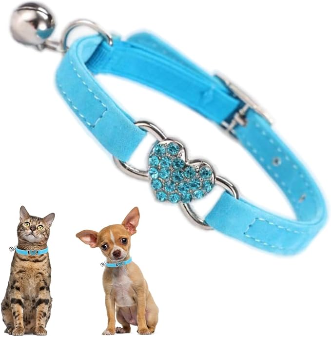 Small Dog Collars with Bell, Bling Rhinestone Heart Soft Velvet Cat Collars with Bells for Xs Tiny Dogs Girls Pet Kitten, Blue