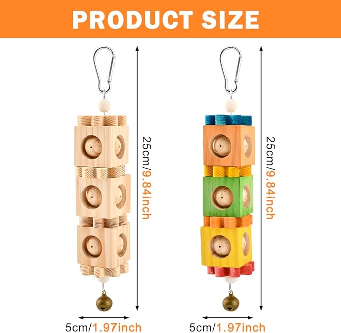 2 Pcs Wooden Bird Chew Toys for Beak Grinding, Hanging Parrot Rotating Wood Block with Bell Parrot Foraging Enrichment Toy for Parakeet, Cockatiel, Conure