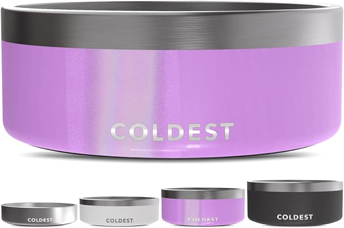 Coldest Dog Bowl - Anti Rust Metal, Non Slip, 3 Layers Insulated Stainless Steel Dog Bowls - Spill Proof & Heavy Duty - Water Bowl for Dogs, Cats, Dish Washer Safe (64 oz, Saturns Purple Glitter)