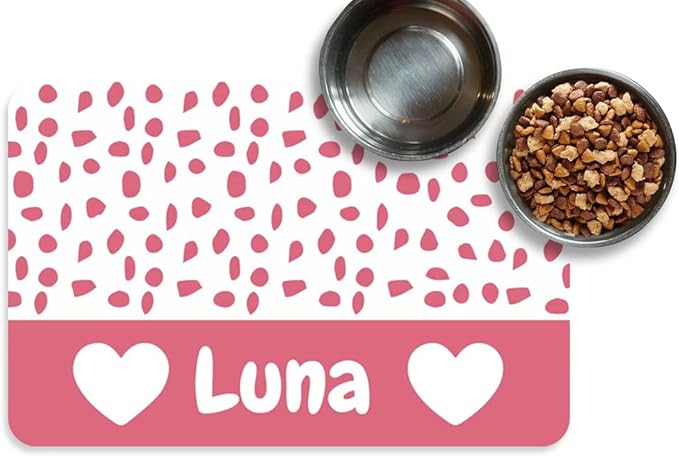 Personalized Cat Dog Bowl Mat - Non-Slip, Waterproof, Custom Pet Mat for Food and Water (Pink Love)