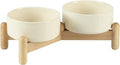Ceramic 5.1inch Raised Double Bowls Set with Wooden Stand, Elevated Food & Water Bowls for Small Breed Dogs, Cats, Kitty, Weighted Dog Dishes, Pet Bowls(13.5oz, Light Yellow)