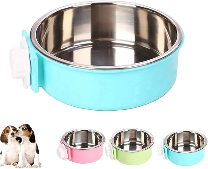 Love Dream Crate Dog Cat Bowls, Removable Stainless Steel Hanging Pet Cage Bowls for Kennel, Water Food Feeder Cage Coop Cup for Cats, Dogs, Rabbits and Small Animals (Large, Blue)