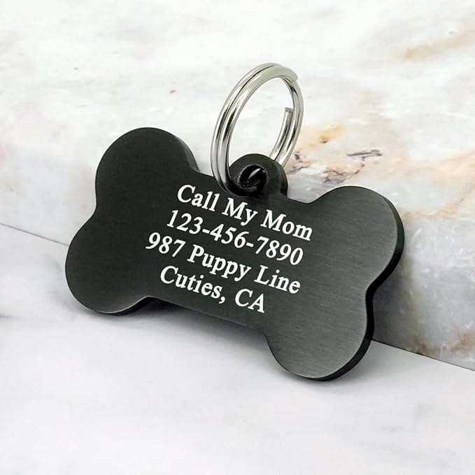 Ultra Joys Personalized Dog Tags for Pets - Durable Stainless Steel Customizable Dog Cat ID Tags - Dog Tags for Safety Optional Engraved on Both Sides -Bone Shape Dog Tag Large Size, Black