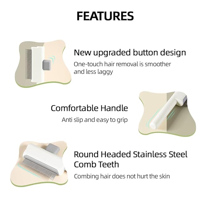 Marchul 2Pcs Pet Comb Flea Comb Set for Cats Dogs, Cat Grooming Brush with Release Button and Stainless Steel Round Teeth, Self-Cleaning Dog Combs for Removing Pet Hair, Knots & Loose Fur, White