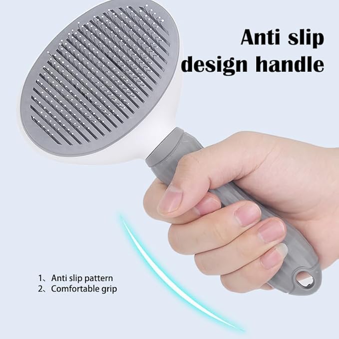 Pet Grooming Brush with Ergonomic Handle, Self-Cleaning Slicker Brush, White and Gray