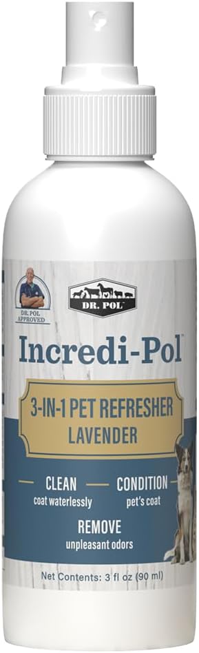 Dr. Pol Incredi-Pol 3-in-1 Pet Refresher | Waterless Coat Cleaner & Conditioner | Pet Odor Eliminator | Fine Mist Spray for Dogs & Cats | Freshens, Cleans & Softens Fur | 3 oz | Lavender