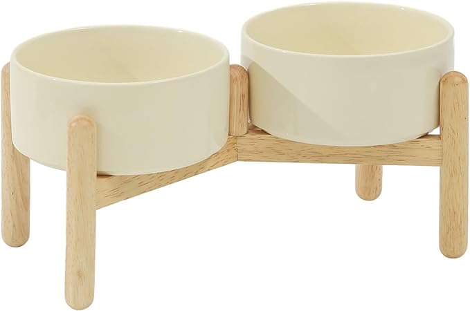 Ceramic 6.1inch Raised Dog Bowl with Stand for Small and Medium Breed Dog Dish Pet Food and Water Bowl (Double Bowl with Stand - Light Yellow, 28oz)