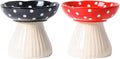 Ceramic Raised Mushroom Cat Bowl Set, Cute Elevated Whisker Friendly Dish for Food and Water, Red+Black 6" Wide for Adult Cats, Small Dog