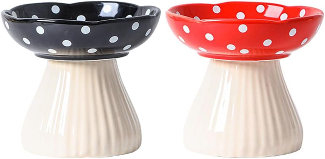 Ceramic Raised Mushroom Cat Bowl Set, Cute Elevated Whisker Friendly Dish for Food and Water, Red+Black 6" Wide for Adult Cats, Small Dog