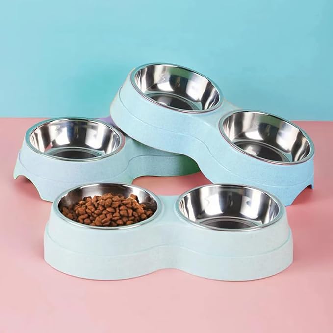 Double Cat Food Bowl -Stainless Steel Bowls with Easy-to-Clean Detachable Design, Non-Slip Base, Pet Feeder for Kittens and Medium Cats (Green)