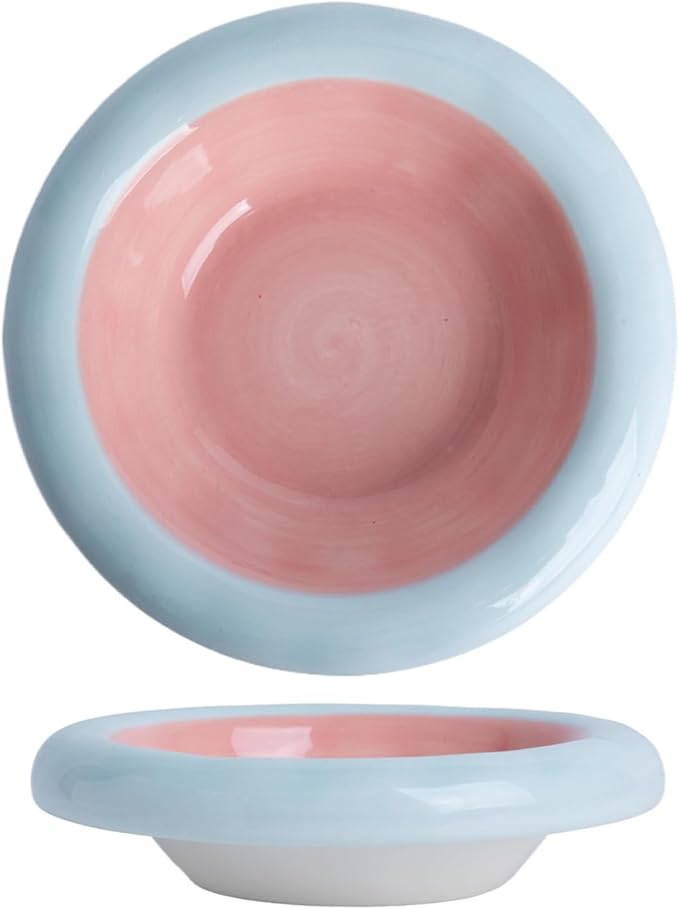 6-Inch Ceramic Cat Food Bowl,6 Oz Wide Shallow Cat Bowls,Whisker Fatigue Relief,Anti-Vomiting Design,Spine Protection for Cats,Dishwasher and Microwave Safe,Set of 1(Pink and Blue)