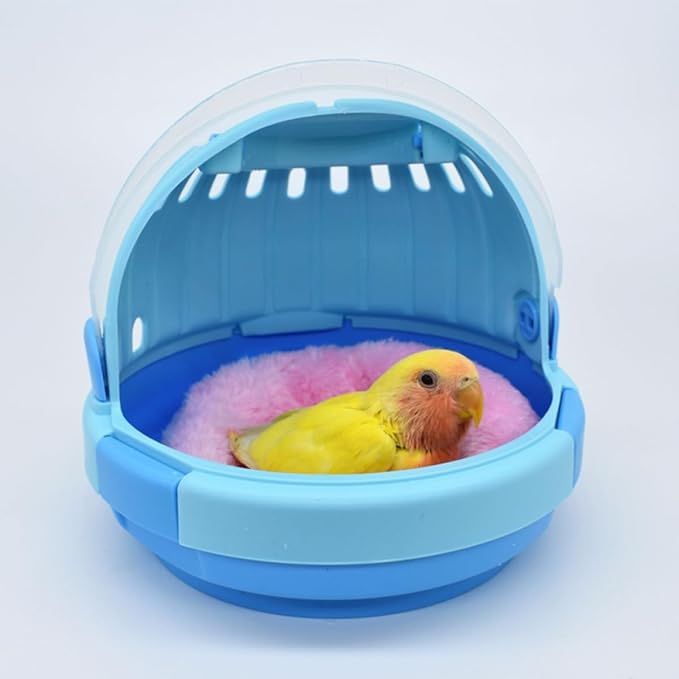 GLEAVI Portable Handheld Bird Travel Cage with Blue Plush Nest Small Parrot Carrier Warm Space Capsule for Budgerigar and Birds