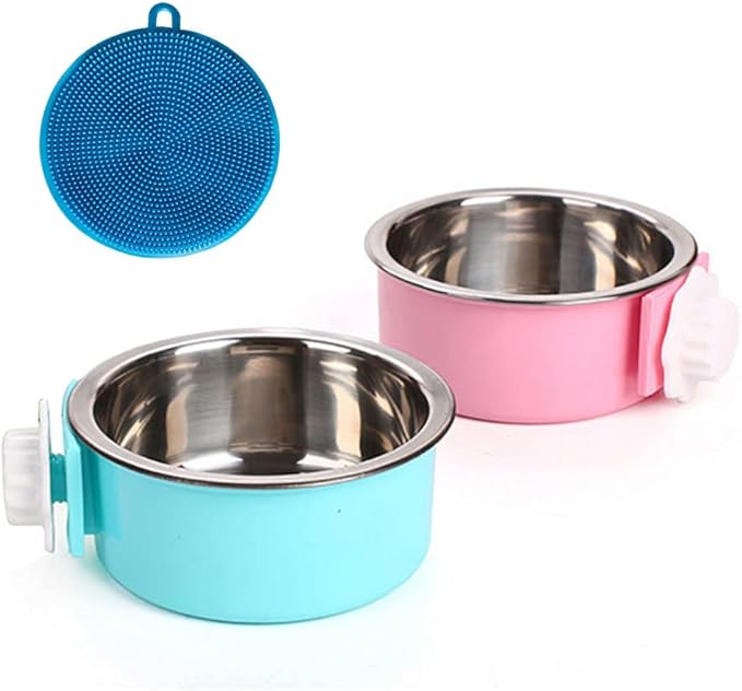 Love Dream Crate Dog Cat Bowls, Removable Stainless Steel Hanging Pet Cage Bowls Kennel, Food Water Feeder with Bolt for Puppy Birds 2 Pack with Silicone Sponge Dish Brush